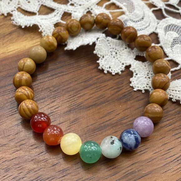 Handmade crystal bracelet // wood Jasper & chakra // 8” large wrist size - Picture 1 of 2